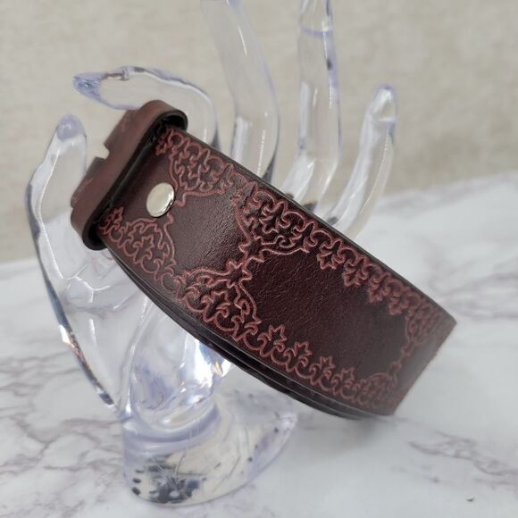 Leather Belt Deep Reddish Brown with Embossed Tooled Design - Picture 1 of 13